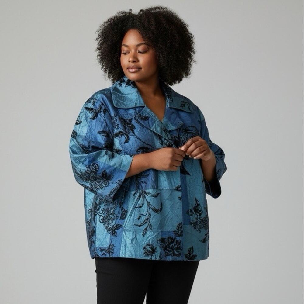 Susan Graver Blue Taffeta Black Velvet Evening Blazer 1X Artsy Boxy Vintage NWT